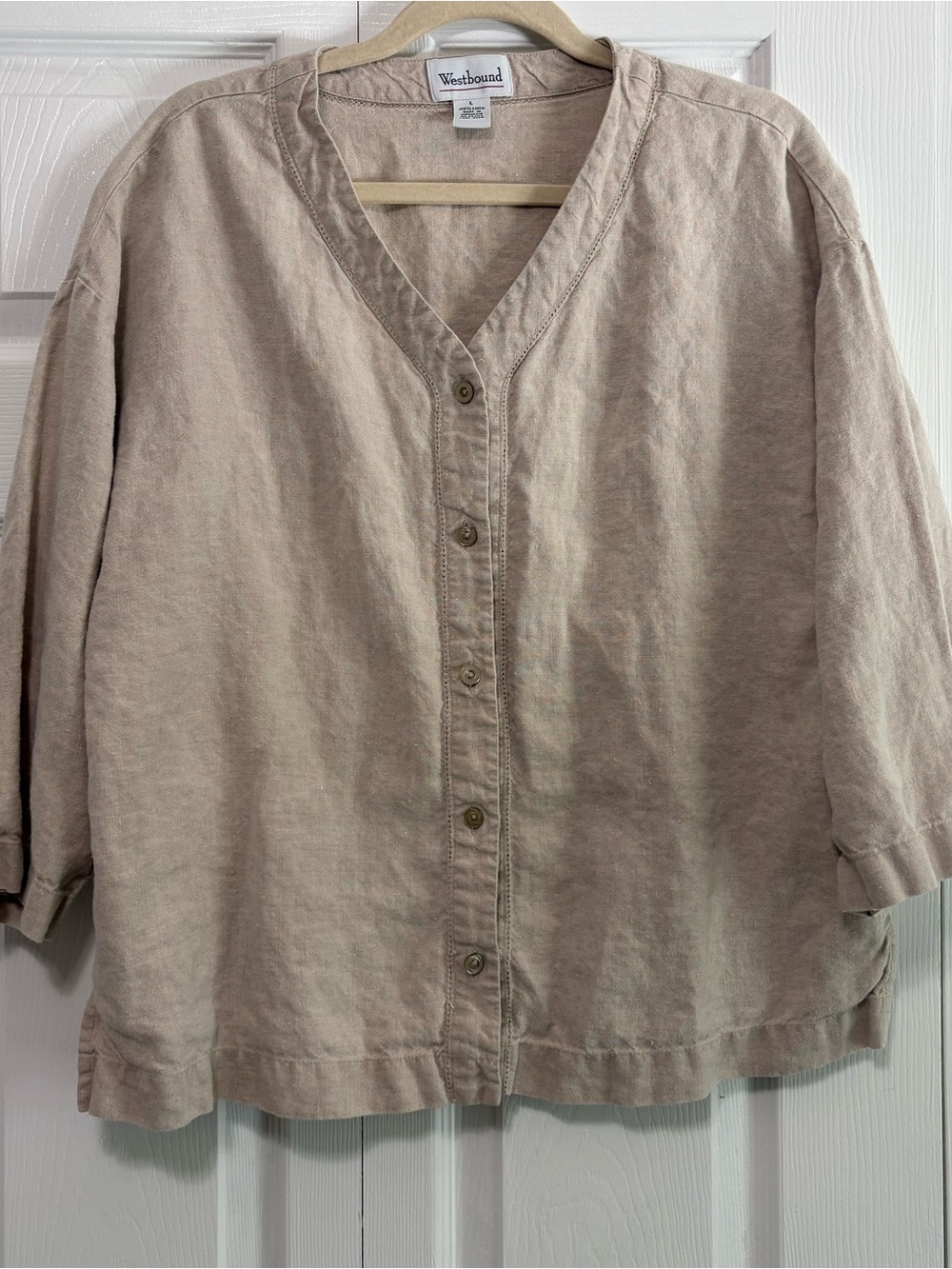 Women's Casual 100% Linen Blend 3/4 Sleeve Button Down Shirt Beige L Beach